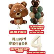 Baloncu Nene 4 Yaş Kahverengi Ayıcık Yeşil Happy Birthday Yazısı Balon Seti Kahve Yeşil Kum Balon Doğum Günü Set