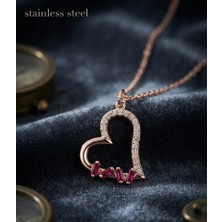 Stainless Steel Rose Renk Zincirli Fuşya Renk Baget Zirkon Taşlı Çelik Kolye