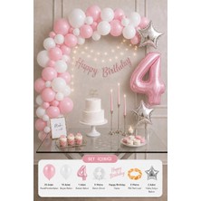 Baloncu Nene 4 Yaş Kız Çocuk Doğum Günü Süsleme Seti Pastel Pembe Beyaz Balon LED ve Banner