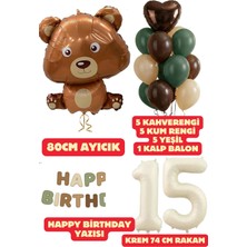 Baloncu Nene 15 Yaş Kahverengi Ayıcık Yeşil Happy Birthday Yazısı Balon Seti Kahve Yeşil Kum Balon Doğum Günü Set