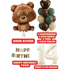 Baloncu Nene 14 Yaş Kahverengi Ayıcık Yeşil Happy Birthday Yazısı Balon Seti Kahve Yeşil Kum Balon Doğum Günü Set
