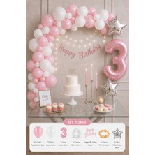 Baloncu Nene 3 Yaş Pastel Pembe Beyaz Doğum Günü Süsleme Seti Kız Çocuk Pembe Rakam Balonlu