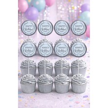 Baloncu Nene Mavi Gümüş Happy Birthday Kek Kürdanı 16 Adet Altın Pasta Süsü Cupcake Topper Doğum Günü