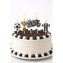 Baloncu Nene Taraftar Mum Seti Siyah Beyaz Happy Birthday Yazılı Pasta Üstü Futbol Temalı Doğum Günü Süsü