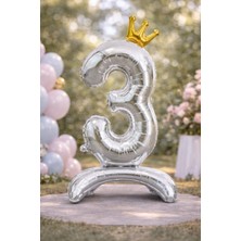 Baloncu Nene 3 Yaş Gümüş Ayaklı Taçlı Folyo Rakam Balon 78 cm Doğum Günü Parti Dekorasyon Süsü