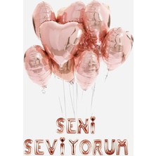 Baloncu Nene Kalp Desenli 10 Adet Gül Kurusu Helyum Uyumlu Folyo 1 Adet Seni Seviyorum Balon Sevgili ve Özel Gün