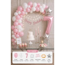 Baloncu Nene 7 Yaş Pastel Pembe Beyaz Doğum Günü Süsleme Seti Kız Çocuk Pembe Rakam Balonlu