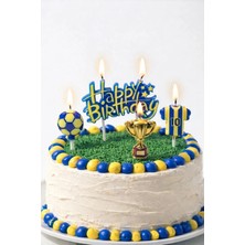 Baloncu Nene Taraftar Mum Seti Sarı Lacivert Happy Birthday Yazılı Pasta Üstü Futbol Temalı Doğum Günü