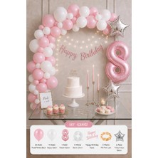 Baloncu Nene 8 Yaş Kız Çocuk Doğum Günü Seti Pastel Pembe Beyaz Balon Pembe Rakam ve LED