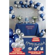 Baloncu Nene Happy Bırthday Yazısı ve Gümüş Konfetili 30 Adet Mavi Gümüş Balon Parti Konsepti Doğum Günü Süsleme