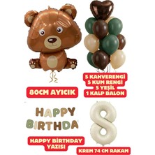 Baloncu Nene 8 Yaş Kahverengi Ayıcık Yeşil Happy Birthday Yazısı Balon Seti Kahve Yeşil Kum Balon Doğum Günü Set
