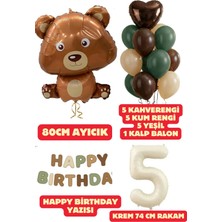 Baloncu Nene 5 Yaş Kahverengi Ayıcık Yeşil Happy Birthday Yazısı Balon Seti Kahve Yeşil Kum Balon Doğum Günü Set