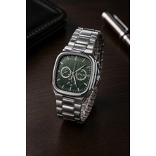 Tarz Yeri Erkek Gümüş Metal Kordon Analog Kol Saati Yeşil Kadran Takvim Göstergeli - Gümüş