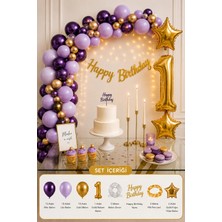 Baloncu Nene 1 Yaş Doğum Günü Süsleme Seti Mor Lila Gold Balon Zinciri LED ve Rakam Balonlu