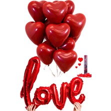 Baloncu Nene Kırmızı Kalpli Lateks Balon 25 Adet Konfeti Love Yazı Helyum Uyumlu Balon Sevgili ve Özel Gün Balon