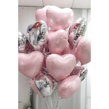 Baloncu Nene Pembe ve Gümüş Kalpli Folyo Balon Helyum 10 Adet Kalp Sevgili Süpriz Süs Doğum Günü Evlilik Teklifi