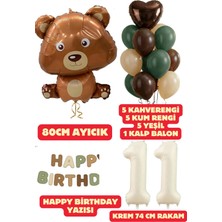 Baloncu Nene 11 Yaş Kahverengi Ayıcık Yeşil Happy Birthday Yazısı Balon Seti Kahve Yeşil Kum Balon Doğum Günü Set