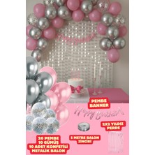 Baloncu Nene Pembe Happy Birthday Banner Balon Seti Arka Fon Pembe Gümüş Konfetili Balon Doğum Günü Parti