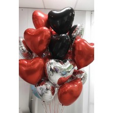 Baloncu Nene Kırmızı Siyah ve Gümüş Kalpli Folyo Balon Helyum 10 Adet Kalp Sevgili Süs Doğum Günü Evlilik Teklifi