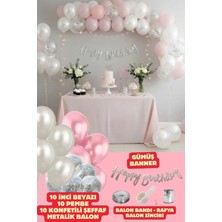 Baloncu Nene Happy Bırthday Yazısı ve 30 Adet Gümüş Konfetili Inci Beyazı Pembe Balon Parti Doğum Günü Konsepti