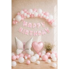 Baloncu Nene Kelebekli Doğum Günü Balon Süsleme Seti Pembe Beyaz Happy Birthday Banner Folyo Balon