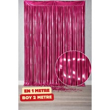 Baloncu Nene Metalik Koyu Pembe Folyo Saçak Perde 1x2 Metre Doğum Günü Parti Arka Fon Süsü