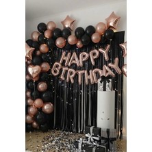 Baloncu Nene Rose Gold Happy Birthday Yazı, Siyah Balon ve Işıklı Perde Seti - Tam Takım Parti Süsleri Seti
