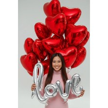 Baloncu Nene Kalp Desenli 10 Adet Kırmızı Folyo Helyum Balon Gümüş Love Balon Romantik Yemek Sevgili ve Özel Gün