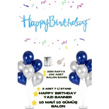 Baloncu Nene Happy Birthday Yazı Banner 2 Adet 7 Li Balon Standı 10 Adet Gümüş 10 Adet Mavi Balon Doğum Günü Süs