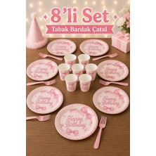 Baloncu Nene Fiyonk Desenli Pembe Happy Birthday 8’li Tabak Bardak Çatal Doğum Günü Parti Seti