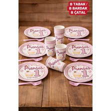 Baloncu Nene Prenses 1 Yaşında 8 Kişilik Tabak Bardak Çatal Seti Pembe Doğum Günü Parti Seti