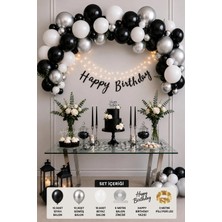 Baloncu Nene Siyah Gümüş Beyaz Doğum Günü Süsleme Seti 30’lu Balon Happy Birthday Yazısı ve 3 Metre Pilli LED