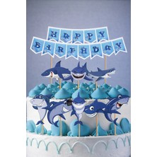 Baloncu Nene Köpek Balığı Pasta ve Kek Süsü Seti – Happy Birthday Shark Temalı Pasta Üstü Dekorasyon