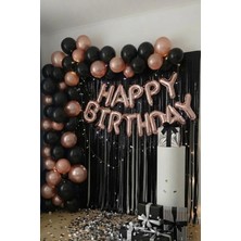 Baloncu Nene Rose Gold Happy Birthday Yazısı Siyah Perde Metalik Balon Zinciri Doğum Günü Süsleme Seti