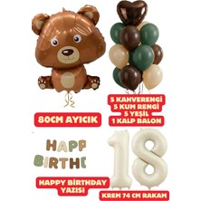 Baloncu Nene 18 Yaş Kahverengi Ayıcık Yeşil Happy Birthday Yazısı Balon Seti Kahve Yeşil Kum Balon Doğum Günü Set