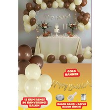 Baloncu Nene Kahverengi ve Kum Rengi Happy Bırthday Yazısı 35 Adet Siyah Gold Balon Parti Konsepti Doğum