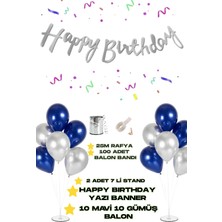 Baloncu Nene Happy Birthday Yazı Banner 2 Adet 7 Li Balon Standı 10 Adet Gümüş 10 Adet Mavi Balon Doğum Günü Süs