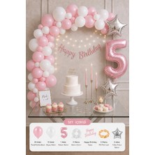Baloncu Nene 5 Yaş Pastel Pembe Beyaz Kız Çocuk Doğum Günü Seti Pembe Rakam Balon Led’li