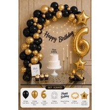 Baloncu Nene 6 Yaş Doğum Günü Süsleme Seti Siyah Gold Balonlu Happy Birthday Parti Seti