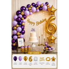 Baloncu Nene 6 Yaş Doğum Günü Süsleme Seti Mor Lila Gold Balon Rakam ve Happy Birthday Yazılı