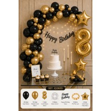 Baloncu Nene 8 Yaş Doğum Günü Balon Süsleme Seti Siyah Gold Yıldızlı Rakam Balonlu