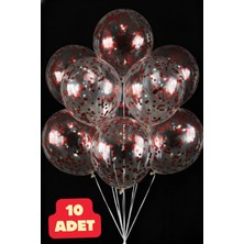Baloncu Nene Kırmızı 10 Adet Konfetili Şeffaf Balon Doğum Günü Balonu Parçacıklı Balon Parlak Parçalı Balon