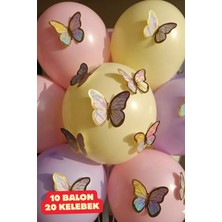 Baloncu Nene 10 Adet Parlak 4 Pembe 3 Lila 3 Sarı Balon 20 Renkli Yapışkanlı Kelebek Doğum Günü Balonları Kelebek