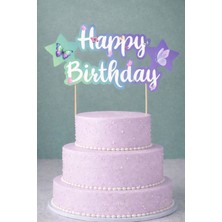 Baloncu Nene Happy Birthday Pasta Süsü Kelebekli Pastel Renk Karton Pasta Üstü
