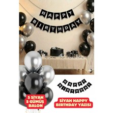 Baloncu Nene Siyah Happy Birthday Yazısı Balon Seti Siyah Gümüş Balon Doğum Günü Parti Süsleri