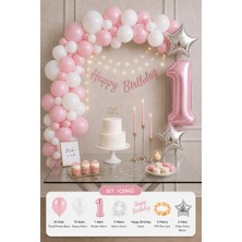 Baloncu Nene 1 Yaş Kız Çocuk Pastel Pembe Beyaz Doğum Günü Süsleme Seti Rakam Balonlu Led’li