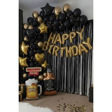 Baloncu Nene Gold Happy Birthday Folyo Balon Seti Siyah Viski ve Kadeh Balon Gold Doğum Günü Parti Süsleri