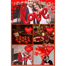 Baloncu Nene Kırmızı Kalpli Balon Love Folyo Balon Seti Kalpli Mum Gül Kurusu Sevgililer Kadınlar Günü