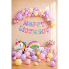 Baloncu Nene Unicorn Doğum Günü Balon Süsleme Seti Lila Sarı Pembe Happy Birthday Banner Folyo