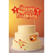 Baloncu Nene Futbol Temalı Happy Birthday Pasta Süsü Kırmızı Sarı Karton Pasta Üstü Dekor